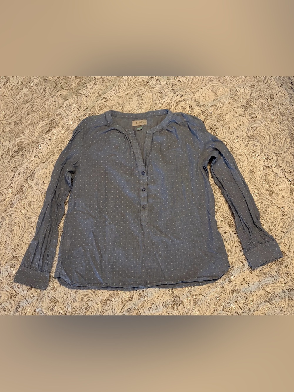 LOFT Pre-loved Women’s Blue Polka Dot Casual 3/4 Button-Front Blouse Size MP